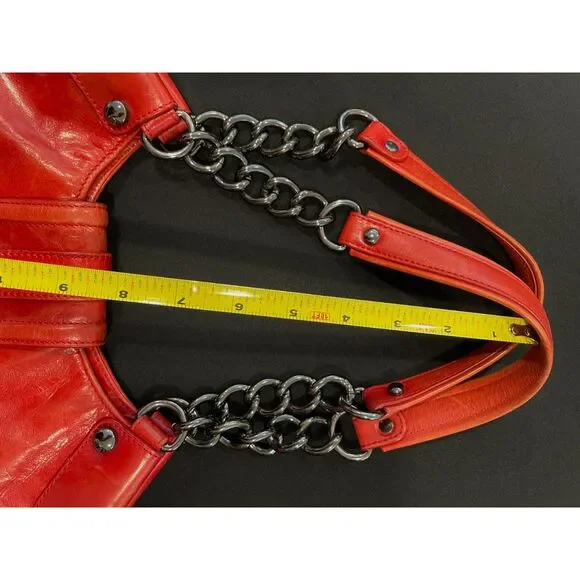 ~ Kenneth Cole NY leather bag shoulder purse brick red, double strap metal chain - Picture 10 of 16